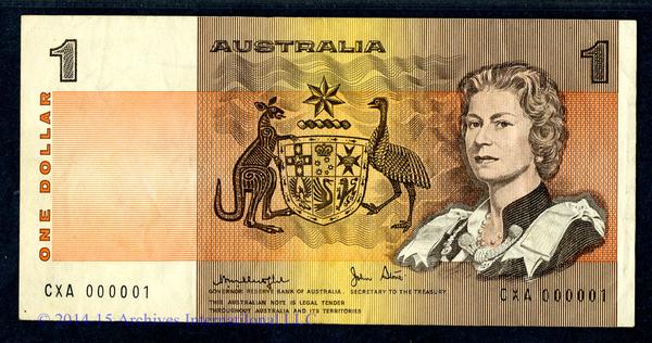 This Serial #1 Reserve Bank of Australia ND $1 banknote from 1979 will be sold at auction on Tuesday, March 10, by Archives International Auctions in Fort Lee, N.J.