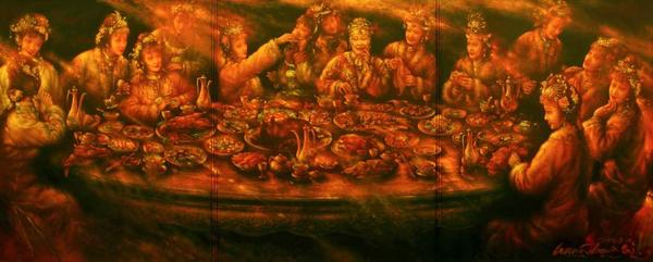 Copyright WANG Zhongqi, Banquet at the Red Mansion, Oil on Canvas, 138 x 339 cm, 2008 