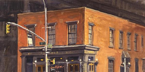 Julian Barrow, PJ.  Clarke’s, New York, oil on canvas, 9 x 12 inches (detail).  Courtesy Mark Murray Fine Paintings