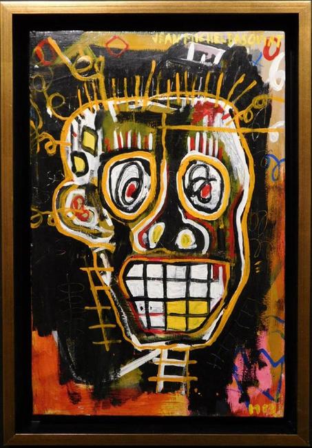 Untitled skeleton head painting attributed to Jean-Michel Basquiat (Am., 1960-1988), unframed and artist signed, 12 inches by 22 inches ($37,500).