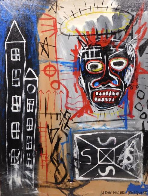 Untitled oil on canvas painted in the manner of Jean-Michel Basquiat (Am., 1960-1988), 36.25 inches by 29 inches, unframed, signed and dated 1983 (est.  $20,000-$30,000).