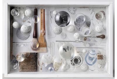 Mary Bauermeister (b.1934), Brian O'Doherty Commentary Box, 2017, ink, offset print, glass, glass lens, wooden sphere, stones, paint brush, metal and wood tools and painted wood construction, 17" x 24 3/4" x 4 1/8", signed