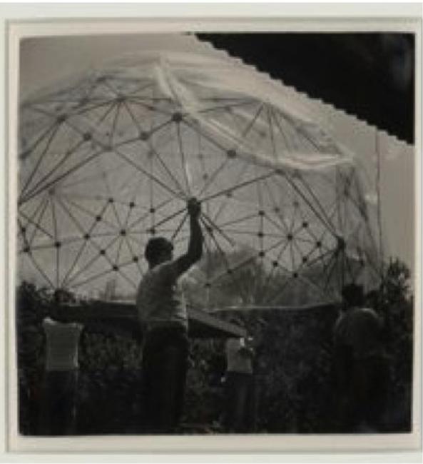 Hazel Larsen Archer, Buckminster Fuller’s 1949 Dome at Black Mountain College, Summer 1949, gelatin silver prints, 13.75 x 21 inches (overall), 3.875  x  3.875 inches (ea).   © Estate of Hazel Larsen Archer.