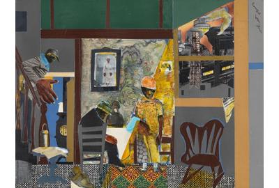 Romare Bearden (1911–1988), United States, Profile/Part I, The Twenties: Pittsburgh Memories, Mill Hand's Lunch Bucket, 1978, collage of cut paper and fabric with watercolor, graphite pencil, gouache, and felt-tip pen on Masonite, Cincinnati Art Museum; Museum Purchase: The Edwin and Virginia Irwin Memorial and the John J.  Emery Endowment, 2011.7.  © Romare Bearden Foundation/VAGA at Artists Rights Society (ARS), New York