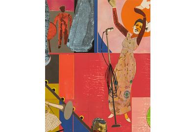 Romare Bearden (1911-1988), “Billie Holiday” (detail), 1973, collage of various papers, acrylic and fabric on fiberboard 27" x 31" / 68.6 x 78.7 cm, signed 