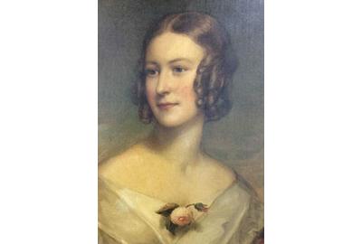 A top offering among fine art is this antique Georgian Sir William Beechey oil on canvas portrait titled “The Lady in White.”