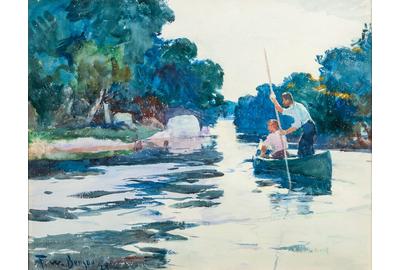 Frank W.  Benson (1862-1951), Poling the Canoe, 1929, watercolor, 20 by 24 1/2 in., Estimate: $50/60,000