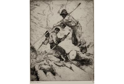 Frank W.  Benson (1862-1951), The Log Jam, 1915, etching, 9 ⅞ by 7 ⅞ inches, Estimate: $6,000-$9,000