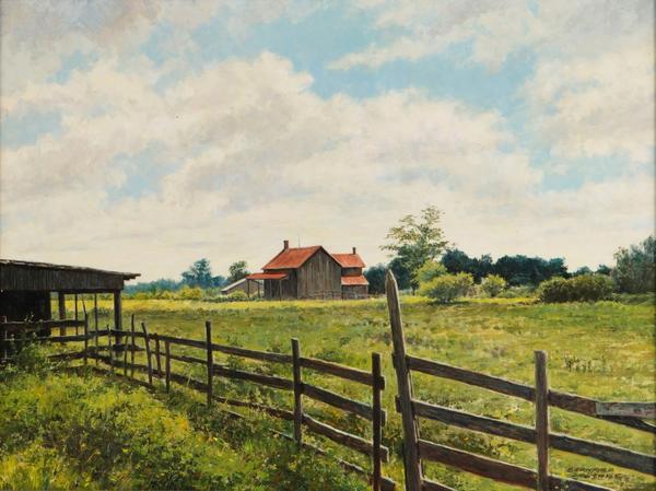 Oil on panel painting by Bernard Wynne (American, 1920-2009), titled Landscape with a barn, 19 ½ inches by 26 inches.