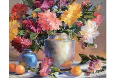 "Dahlias with Apricots" by Betty Carr, oil on linen canvas