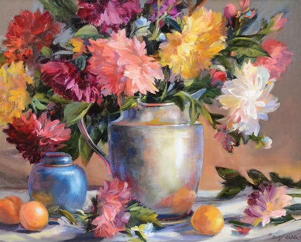 "Dahlias with Apricots" by Betty Carr, oil on linen canvas