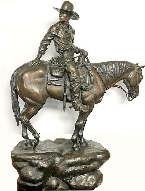 Bronze depiction of a cowboy on horseback by California sculptor Betty Saletta, titled Yesterday is Tomorrow, dated 1990, 31 inches tall ($5,000).