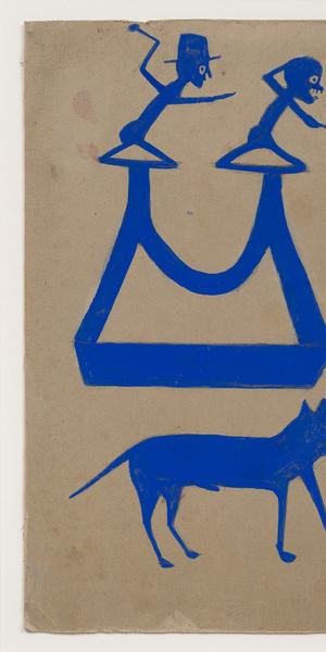 Bill Traylor, Blue Construction with Dog, 1854-1949, 13.5 x 7.5 in, Pencil and poster paint on cardboard, courtesy of Hirschl & Adler Modern, New York and Wide Open Arts, New York.