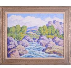 Original oil on board painting signed by the Swedish-born American painter Birger Sandzén (1871-1954), titled In Boulder Canyon, Colorado (1949) ($39,000).