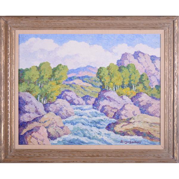 Original oil on board painting signed by the Swedish-born American painter Birger Sandzén (1871-1954), titled In Boulder Canyon, Colorado (1949) ($39,000).