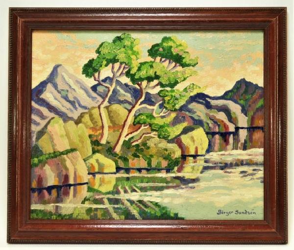 Fauvist landscape painting by Swedish-born American artist Birger Sandzen (1871-1954), depicting Rocky Mountain National Park in Colorado, artist signed (est.  $20,000-$30,000).