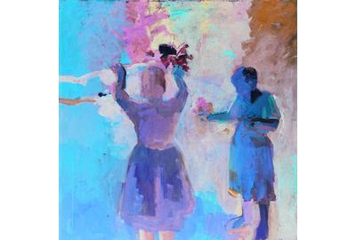 Elmer Bischoff, "Two Women in Vermillion Light," 1959.  Oil on canvas, 67 1/2 x 67 1/2 inches, San Jose Museum of Art, gift of Ann-Marie and Averill Mix.  