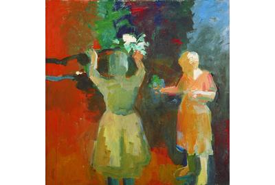 Elmer Bischoff, "Two Women in Vermillion Light," 1959.  Oil on canvas, 67 1/2 x 67 1/2 inches,.  San Jose Museum of Art, Gift of Ann-Marie and Averill Mix.