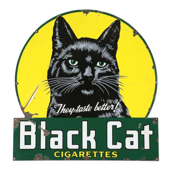 Canadian 1945 Black Cat Cigarettes porcelain sign, 50 inches by 48 inches, with high detailed graphics and marked “P&M Orilla 45” lower right edge (est.  CA$3,000-$5,000).