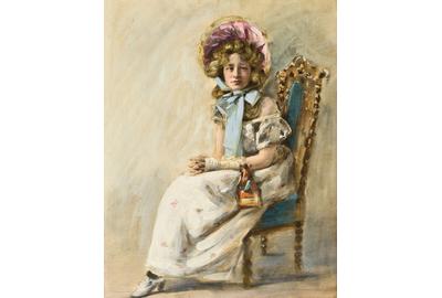 Menpes (Mortimer Luddington, 1855-1938 ) Portrait of a young lady, oil and watercolour over pencil, on board, 405 x 315mm.  (16 x 12½ ins), signed lower right, framed and glazed .  £3000 – £5000 Provenance: Purchased from the daughter-in-law of the sitter, Dorothy Menpes, the artist’s daughter, and goddaughter of James Whistler.  