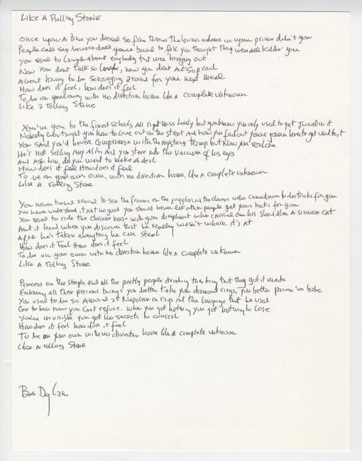 Bob Dylan’s signed, handwritten lyrics to his iconic song Like a Rolling Stone, voted the #1 rock ‘n’ roll song of all time by Rolling Stone magazine readers in 2004 (est.  $50,000-$60,000).