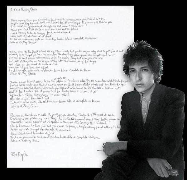 Bob Dylan’s handwritten and signed lyrics to the classic rock song Like a Rolling Stone, on an 8 ½ by 11-inch sheet, authenticated by Dylan’s manager, Jeff Rosen (est.  $75,000-$85,000).