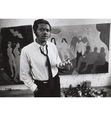 Bob Thompson in his studio on Rivington Street, New York, 1964; Detail from page 35 of the Bob Thompson scrapbook, 1960-1975 in the Bob Thompson papers, 1949-2005, Archives of American Art, Smithsonian Institution