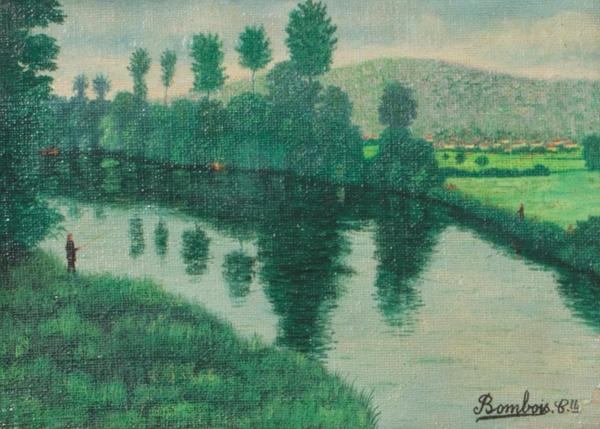 Oil on canvas painting by Camille Bombois (French, 1883-1970), titled Fishermen by a River in a Landscape with Town Beyond (est.  $1,000-$1,500).