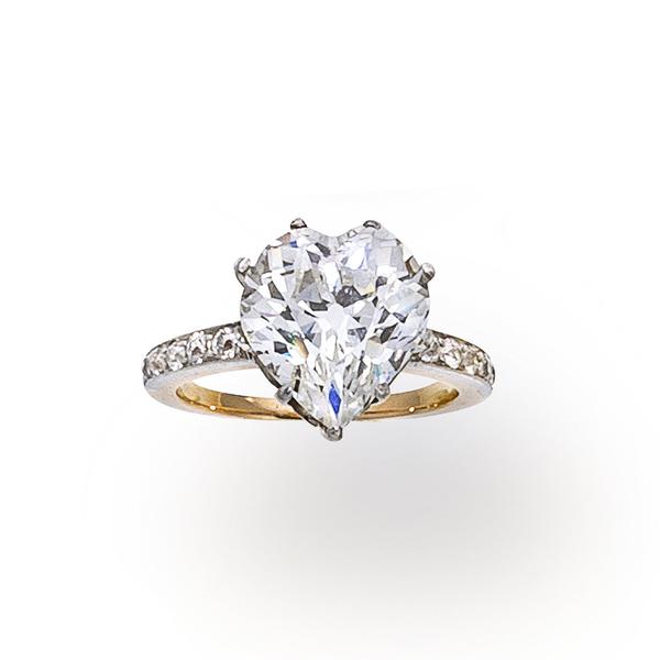 An antique diamond ring, circa 1900, set with a heart-shaped diamond, weighing 5.05 carats.  Est.  $50,000-70,000 