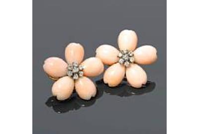 A pair of coral and diamond flower motif earrings Estimate: $1,400 - 1,600