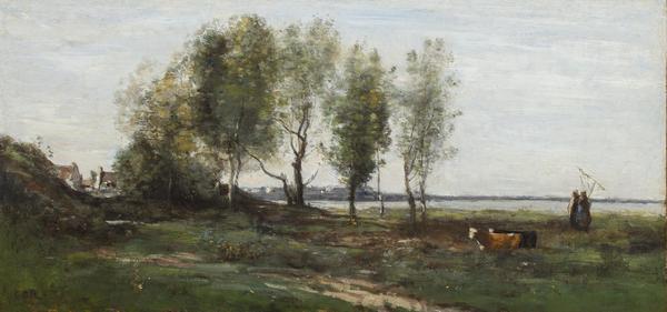 Jean-Baptiste-Camille Corot (French, 1796-1875) La Baie de Somme  signed 'Corot' (lower left) oil on panel 9 3/8 x 19 5/8in (24 x 50cm) Est $ 100,000 - 150,000