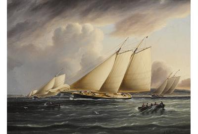 James Edward Buttersworth (British/American, 1817-1894), circa 1870.  Schooners from the New York Yacht Club racing in the Narrows.  12 x 16 in.  Est.  $70,000-100,000