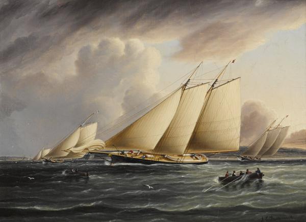 James Edward Buttersworth (British/American, 1817-1894), circa 1870.  Schooners from the New York Yacht Club racing in the Narrows.  12 x 16 in.  Est.  $70,000-100,000