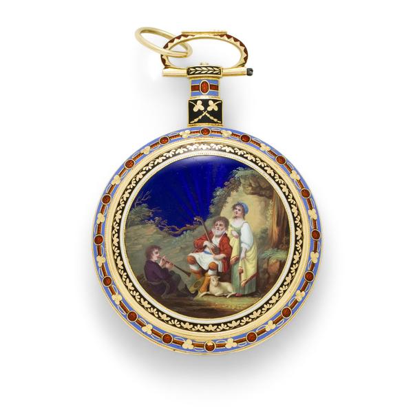 Ilbery, London.  A fine enameled gold duplex watch for the Chinese market.  No.  6195, first quarter 19th century, 58mm.  Estimate: $ 40,000 - 60,000.  