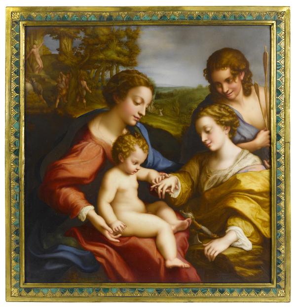 An important and large Sèvres porcelain plaque: The Mystic Marriage of St.  Catherine painted by Abraham Constantin after the painting by Correggio dated 1819.  Sold $152,500 