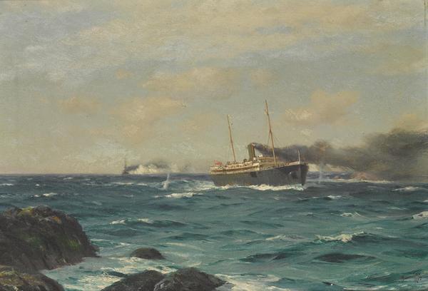 Thomas Jacques Somerscales (British, 1842-1927) The S.S.  Ortega entering the straits of Nelson with the S.M.S.  Dresden in pursuit.  15-1/4 x 22 in.  Est.  $12,000-18,000