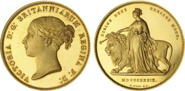 Great Britain, Victoria, Una and the Lion Gold Five Pounds, 1839.  Sold for $81,900 inc.  premium