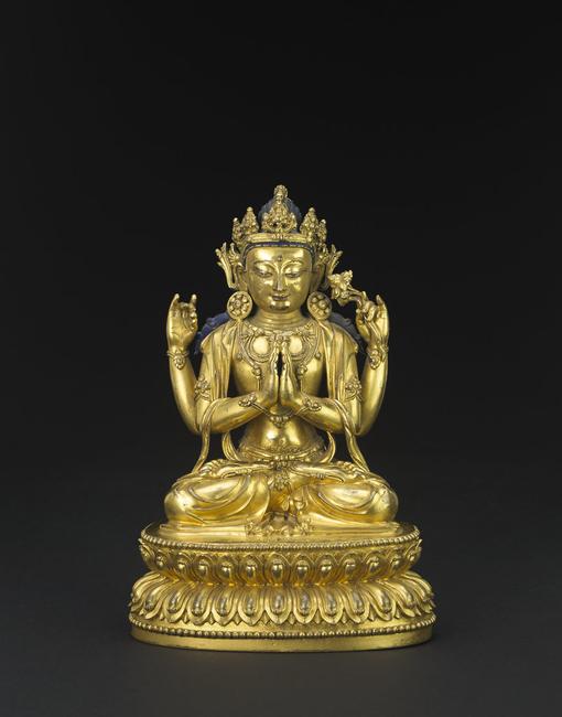 A fine and rare gilt bronze figure of Shadakshari Lokeshvara, Yige drugma Yongle incised six character mark and of the period.  Sold for $1,370,500.