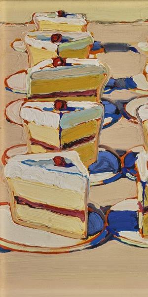 Wayne Thiebaud, Boston Cremes, 1962.  Oil on canvas, 14 x 18 in.  Crocker Art Museum Purchase, 1964.22.  © 2019 Wayne Thiebaud / Licensed by VAGA at Artists Rights Society (ARS), NY.