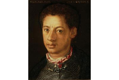 Agnolo Bronzino (Italian, 1503-1572), Portrait of Duke Alessandro de’ Medici, after 1553.  Oil on tin, 16 x 12.5 cm.  (6 5/16 x 4 15/16 in.).  