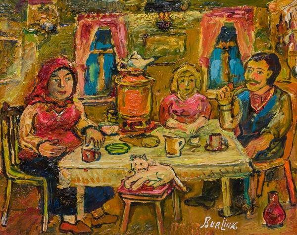 Lot No.  15, DAVID BURLIUK, American/Russian (1882-1967), Tea Party, oil on panel, signed, 8 x 10 inches, Estimate:$3,000-5,000