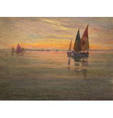 William Partridge Burpee, American (1846-1940), Sunset with Sailboats, Watercolor, 8 3/4 x 12 3/4 inches.