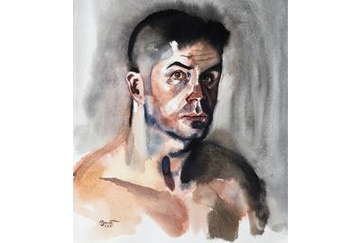 Paul Binnie (Scottish, b.  1967) Nude Self-Portrait, watercolor on white paper, ca.  1995.