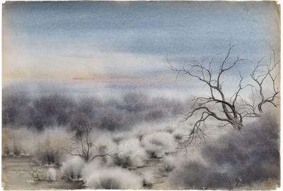 Kakunen Tsuruoka, (1892-1977) untitled (mesquite with mist lingering on brush), watercolor on paper, ca.  1942-44