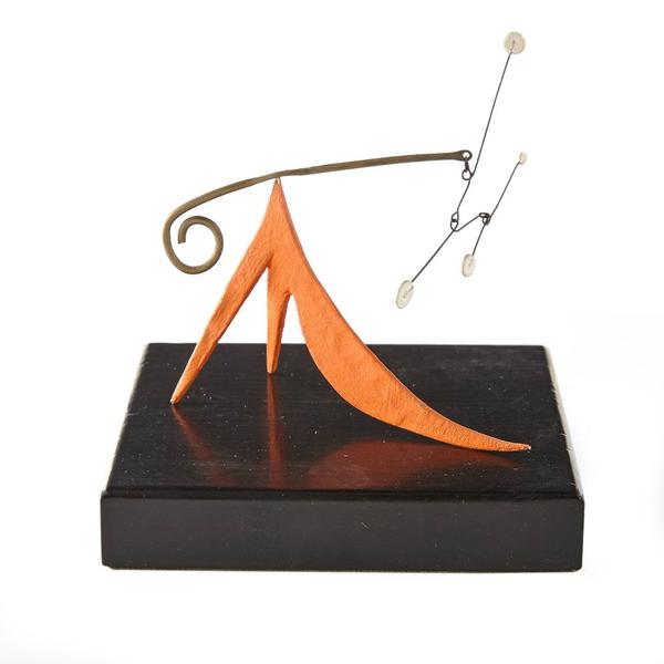 Alexander Calder (American, 1898-1976), Long Orange Tail, 1948, Sheet metal, brass, wire and paint, 3 3/4 x 4 x 2 1/2 inches.  Estimate: $150,000-250,000