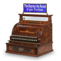 National Model 3 cash register, made in America in the 1890s, with rare cobalt cut-to-clear glass top sign and featuring radically burled walnut sides and rear panels (est.  CA$3,500-$4,500).