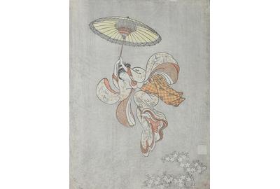 Suzuki Harunobu (1724−1770), Beauty Leaping Off the Balcony of Kiyomizu Temple.  Color woodblock print.  Courtesy Sebastian Izzard LLC Asian Art.  