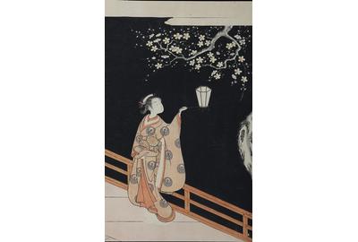 Suzuki Harunobu (1724−1770), Woman Admiring Plum Blossom at Night.  Color woodblock print.  Courtesy Sebastian Izzard LLC.Asian Art.  