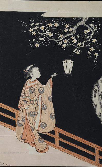 Suzuki Harunobu (1724−1770), Woman Admiring Plum Blossom at Night.  Color woodblock print.  Courtesy Sebastian Izzard LLC.Asian Art.  