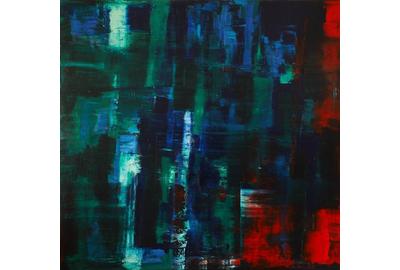 Catherine Timotei, Reflection Green, Blue on Red,Oil on Canvas, 79'' x 75''